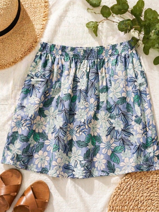 LOFT Dresses & Skirts - LOFT Linen Blend Floral Skirt Blue Green Pull-On Elastic Waist Size Large